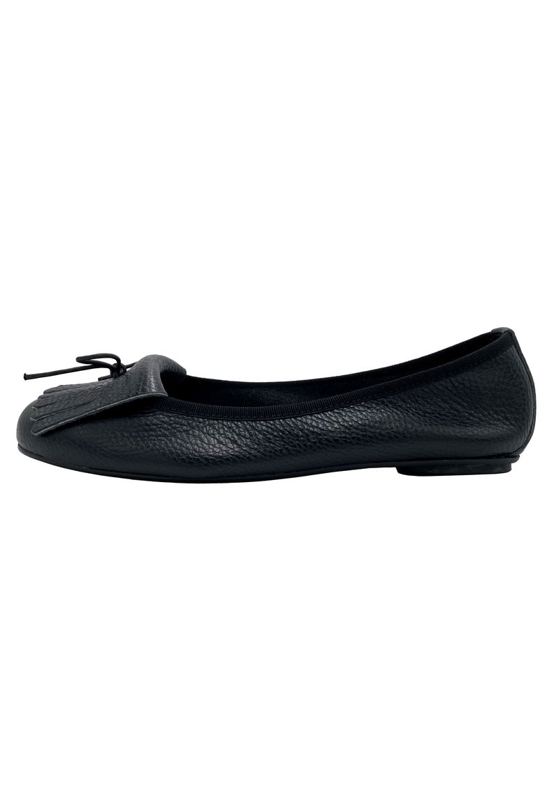 Black leather ballet flat with a textured upper and decorative fringe detail at the front. Features a soft inner lining and flat sole.