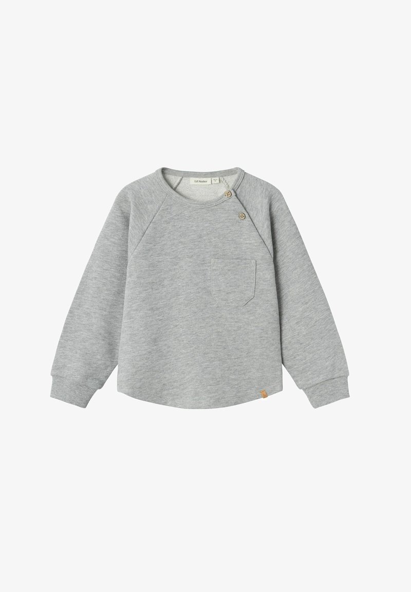 Felpa grigia con maniche raglan, scollo rotondo e tasca sul petto, caratterizzata da due bottoni di legno sul colletto e polsini a coste.