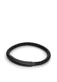 Zwarte gevlochten leren armband met een glad, cilindrisch zwart metalen accent, met een eenvoudig en verstelbaar ontwerp.