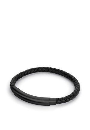 Black braided leather bracelet with a smooth, cylindrical black metal accent, featuring a simple and adjustable design.