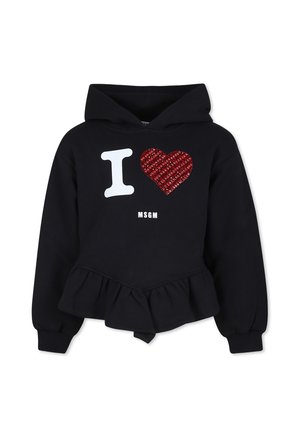 Zwarte hoodie met gerimpelde onderrand, voorzien van een witte "I" en een rood pailletten hart grafiek. Merknaam "MSGM" gedrukt eronder.