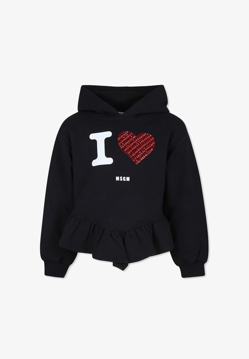 Zwarte hoodie met gerimpelde onderrand, voorzien van een witte "I" en een rood pailletten hart grafiek. Merknaam "MSGM" gedrukt eronder.