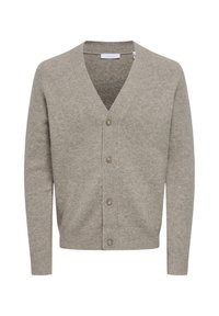 V-Ausschnitt Cardigan aus leichtem grauem Strick. Mit Knopfverschluss, langen Ärmeln sowie gerippten Bündchen und Saum. Weicher Stoff mit einem lässigen Design.