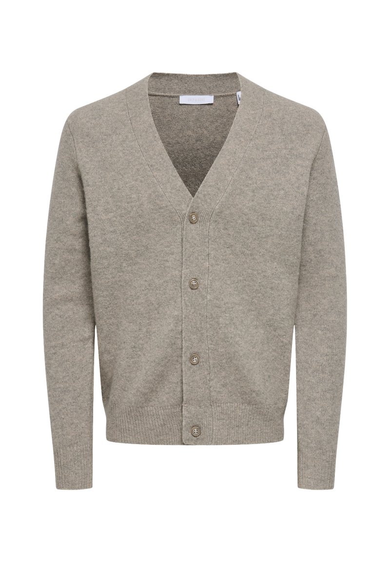 V-Ausschnitt Cardigan aus leichtem grauem Strick. Mit Knopfverschluss, langen Ärmeln sowie gerippten Bündchen und Saum. Weicher Stoff mit einem lässigen Design.