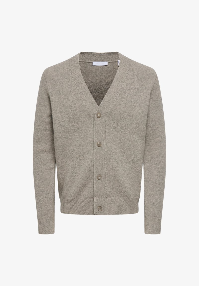 V-Ausschnitt Cardigan aus leichtem grauem Strick. Mit Knopfverschluss, langen Ärmeln sowie gerippten Bündchen und Saum. Weicher Stoff mit einem lässigen Design.