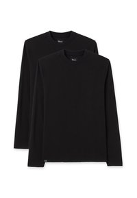 Zwei langärmlige schwarze T-Shirts aus Baumwolle. Rundhalsausschnitt-Design mit glatter Textur und minimalem Branding am Saum.