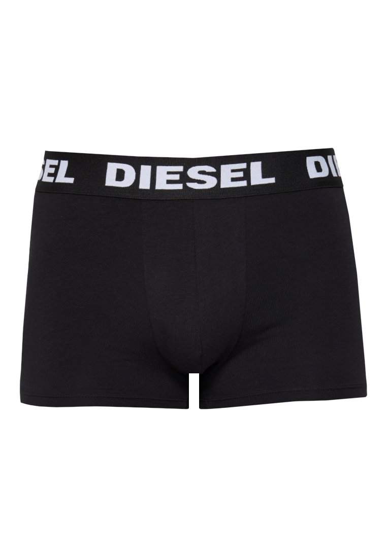 Boxer da uomo neri con una ampia vita nera che presenta il logo bianco "DIESEL" ripetuto attorno ad essa.