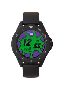 Orologio nero con quadrante rotondo che presenta un design grafico colorato verde e viola. Mostra l'ora come "12 PM 55" e l'indicatore della batteria.