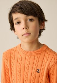 Orangene Strickjacke mit Kabelmuster und runder Halslinie. Verfügt über ein kleines marineblaues Emblem auf der linken Seite. Weiche Textur.
