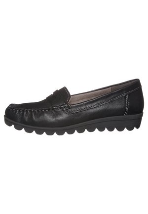 Sorte læderloafer med rund tå, dekorativ strop foran og tekstureret gummisål med et bølgemønster. Syninger på sømmene.