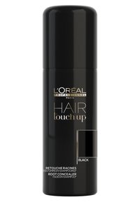 L'Oréal Professionnel Hair Touch Up correttore radici in una lattina spray nera lucida, con testo dorato e indicatore swatch nero.