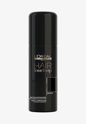 L'Oréal Professionnel Hair Touch Up correttore radici in una lattina spray nera lucida, con testo dorato e indicatore swatch nero.