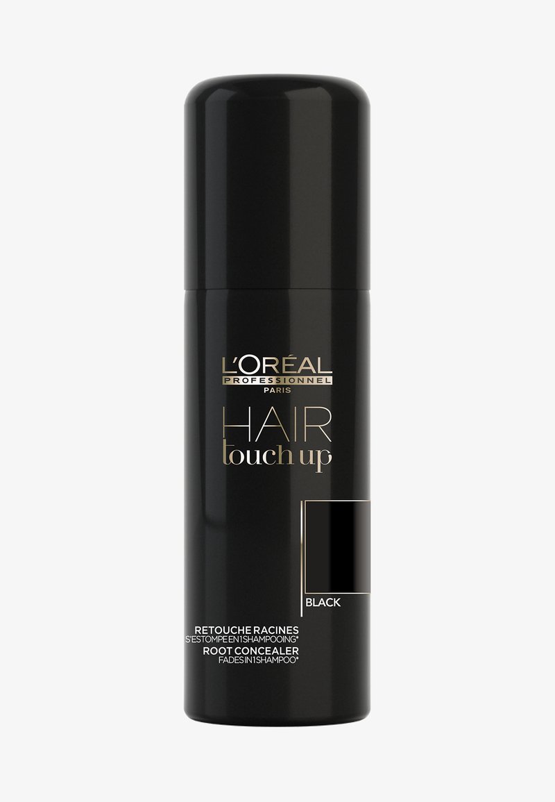 L'Oréal Professionnel Hair Touch Up, un correcteur de racines en spray noir brillant, avec un texte doré et un indicateur de couleur noire.