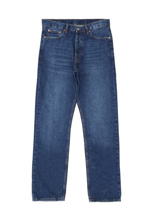 Modré džíny z denimu se střihě rovného nohavice, designem s pěti kapsami a viditelným švem. Tkanina má opotřebovaný vzhled a střední praní.
