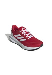 Red athletic shoe made of mesh and synthetic material; features white stripes, laces, and a padded collar; rubber sole with textured grip.
