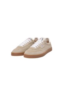 Beige suede sneakers with white laces and a textured tan rubber sole. Features perforations on the sides and a logo patch on the tongue.