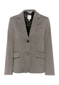 Blazer gris en chevrons à deux boutons avec revers crantés, poches à rabat à l'avant et doublure en satin noir visible à l'intérieur du col.
