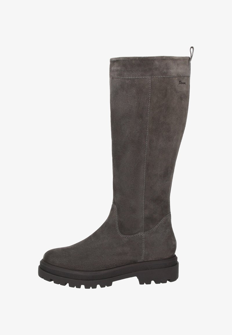Grijze suede kniehoge laars met dikke zwarte profielzool en trekband aan de achterkant.