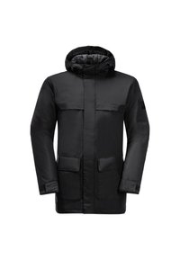 Zwarte gewatteerde parka met capuchon, een voorrits, twee borstzakken, twee onderzakken en elastische manchetten. Gladde afwerking zonder zichtbare patronen.
