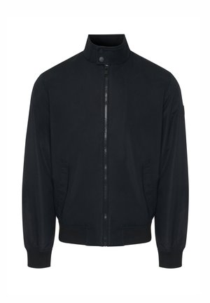 Černá bomber bunda s stojatým límcem, předním zipem, bočními kapsami a žebrovanými manžetami. Hladká textilie s minimálními designovými detaily.
