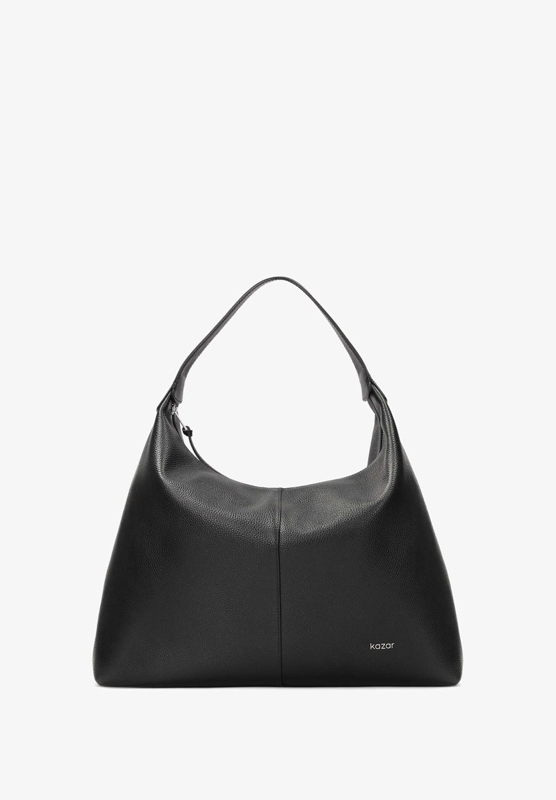 Sort lædertaske med en rund form, enkelt skulderrem og en struktureret overflade. Har et diskret logo nederst til højre.