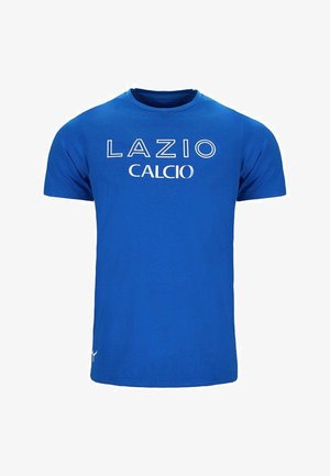 Blauw katoenen T-shirt met de tekst "LAZIO" en "CALCIO" in witte letters op de borst. Klassiek ontwerp met ronde hals en korte mouwen.
