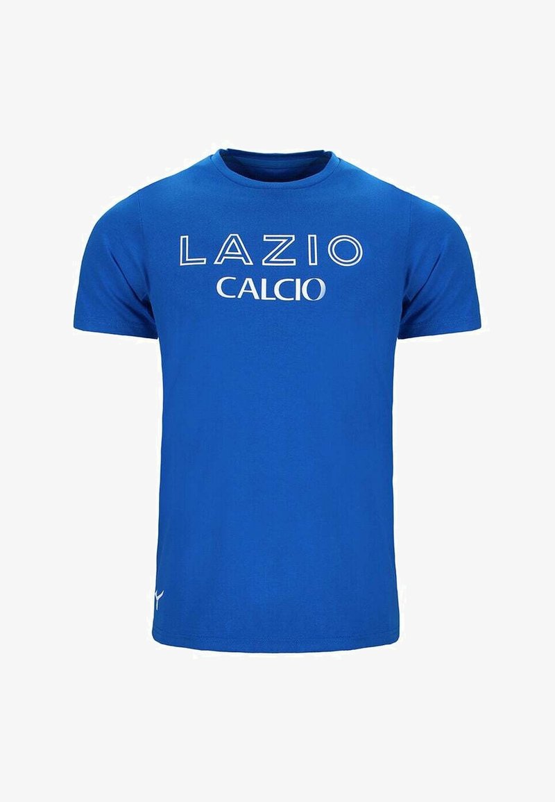 T-shirt en coton bleu avec les inscriptions "LAZIO" et "CALCIO" en lettres blanches sur la poitrine. Conception classique à col rond et manches courtes.