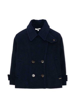 Navyblauwe dubbelgeknoopte wollen jas met brede kraag, vier knopen, zijzakken, manchettenriemen en het Chloé-logo aan de onderkant vooraan.