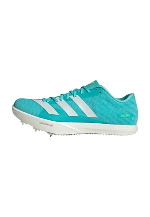 Turquoise running shoes made of textured mesh with white stripes. Features a molded heel and a white outsole with spikes for traction.
