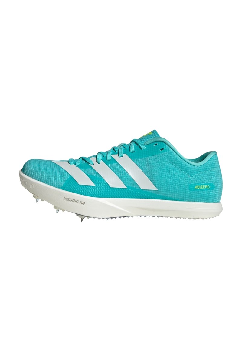 Turquoise running shoes made of textured mesh with white stripes. Features a molded heel and a white outsole with spikes for traction.