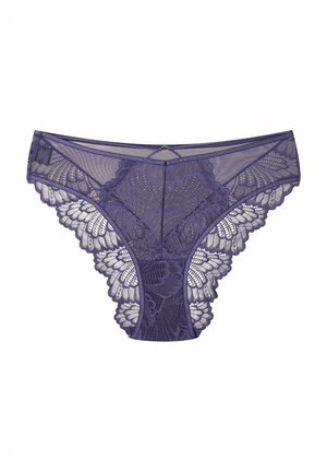 Lace panties in deep purple, featuring intricate floral patterns, a sheer front, a dual-layered back, and a decorative metal accent.
