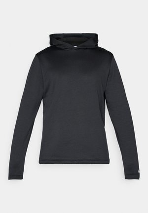 Black long-sleeve hooded pullover made of textured fabric. Features a kangaroo pocket and a small logo on the lower sleeve.