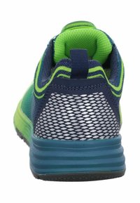 Marineblaues und grünes Sportschuhmodell mit einem Obermaterial aus Mesh, Gummisohle und strukturiertem Absatz. Verfügt über einen Ziehriemen und kontrastierende Zickzackakzente.