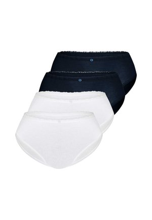 Vier Baumwoll-Damenslips mit Spitzenbesatz, zwei schwarze Paare hinten und zwei weiße Paare vorne, in versetzter Stapelung angeordnet.