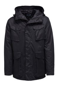 Svart vattentät parka-jacka med huva, med två bröstfickor och två nedre sidofickor. Slät, matt ytfinish; dragkedjestängning.