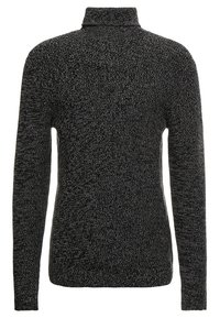 Schwarzer und grauer Strickpullover mit hohem Kragen, langen Ärmeln und einem strukturierten Muster. Keine sichtbaren Akzente oder Beschläge.