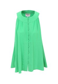 Groene stoffen top met een ronde kraag, knoopsluiting aan de voorkant met bijpassende knopen en losse, vloeiende mouwen.