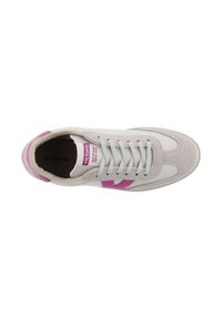 Light pink suede sneaker with white fabric overlays, lace-up design, and a pink logo on the tongue and side. Rubber sole for traction.