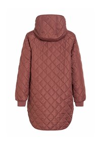 Lange mauve doorgestikte jas met capuchon, geribbelde manchetten en een diamantstikpatroon, van achteren getoond tegen een witte achtergrond.