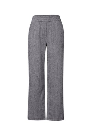 Pantalones de pierna ancha grises con un patrón texturizado, cinturilla elástica y sin hardware visible. Corte recto con un acabado de tela suave y lisa.