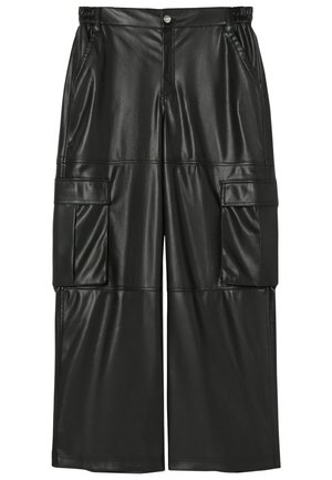 Black wide-leg faux leather cargo pants with elastic waistband, front button, side pockets, and flap pockets on thighs.