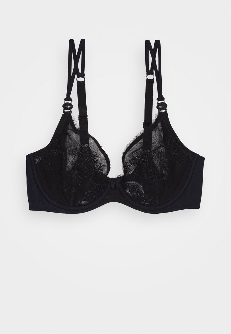 Reggiseno nero con coppe in pizzo trasparente, spalline regolabili e chiusura con gancio e occhiello. Accentuato da rifiniture scallop e dettagli decorativi.