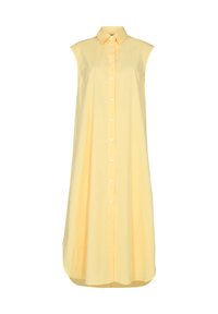 Abito midi senza maniche di un giallo pallido, con bottoni, colletto e silhouette ad A, realizzato in tessuto leggero.