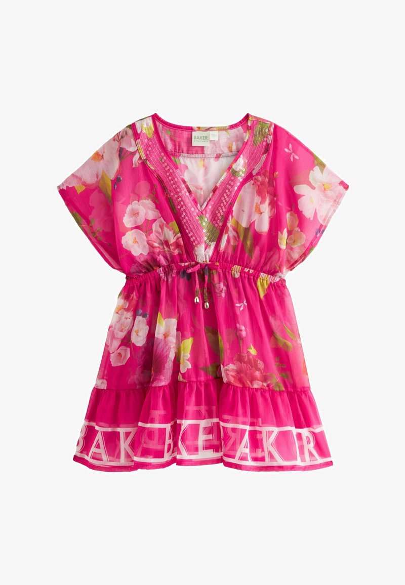 Růžová květinová tunika s výstřihem do V, krátkými rukávy, stahovací pasem a volánkovým lemem; obsahuje bílý značkový lem a průsvitnou texturu.