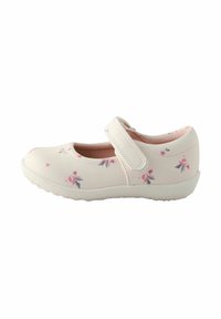 Scarpe Mary Jane in materiale sintetico bianco con motivo floreale rosa, punta arrotondata, cinturino alla caviglia con Velcro e suola in gomma texturizzata.