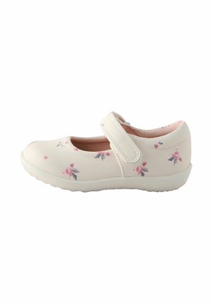 Mary Jane Schuhe aus weißem synthetischem Material mit pinkem Blumenmuster, runder Zehenpartie, Knöchelriemen mit Velcro und strukturierter Gummisohle.