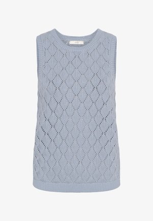 Lyseblå ærmeløs strikket sweatervest med diamantformet hulmønster og rund halsudskæring.