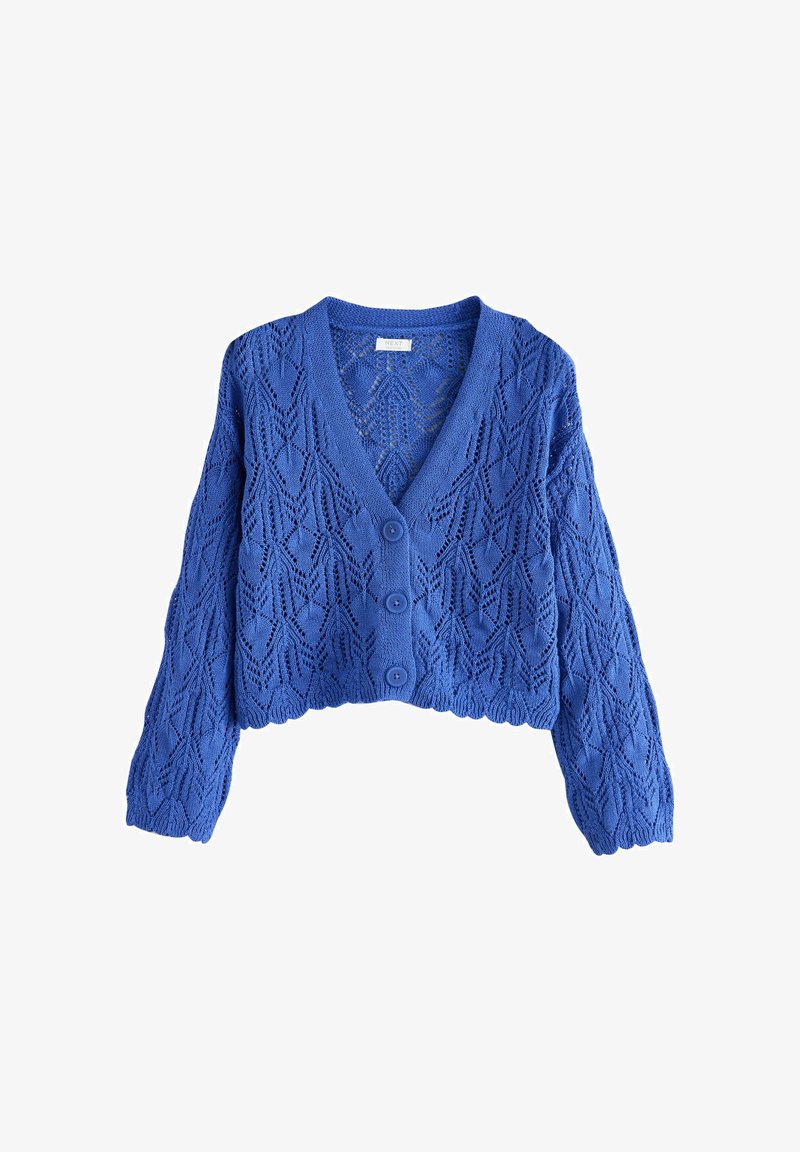 Afgemaakte blauwe cardigan van gebreide stof met een gestructureerd kantpatroon, knopen aan de voorkant en een diepe V-halslijn.