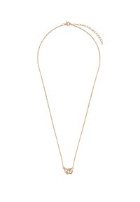 Naszyjnik w złotym kolorze z dwoma splecionymi sercami; jedno z nich ozdobione błyszczącymi, przezroczystymi kamieniami. Delikatny łańcuszek z regulowanym zapięciem.