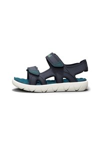 Sandali sportivi con tomaia sintetica blu scuro, soletta imbottita turchese, suola in gomma bianca e cinturini regolabili in Velcro per una vestibilità sicura.